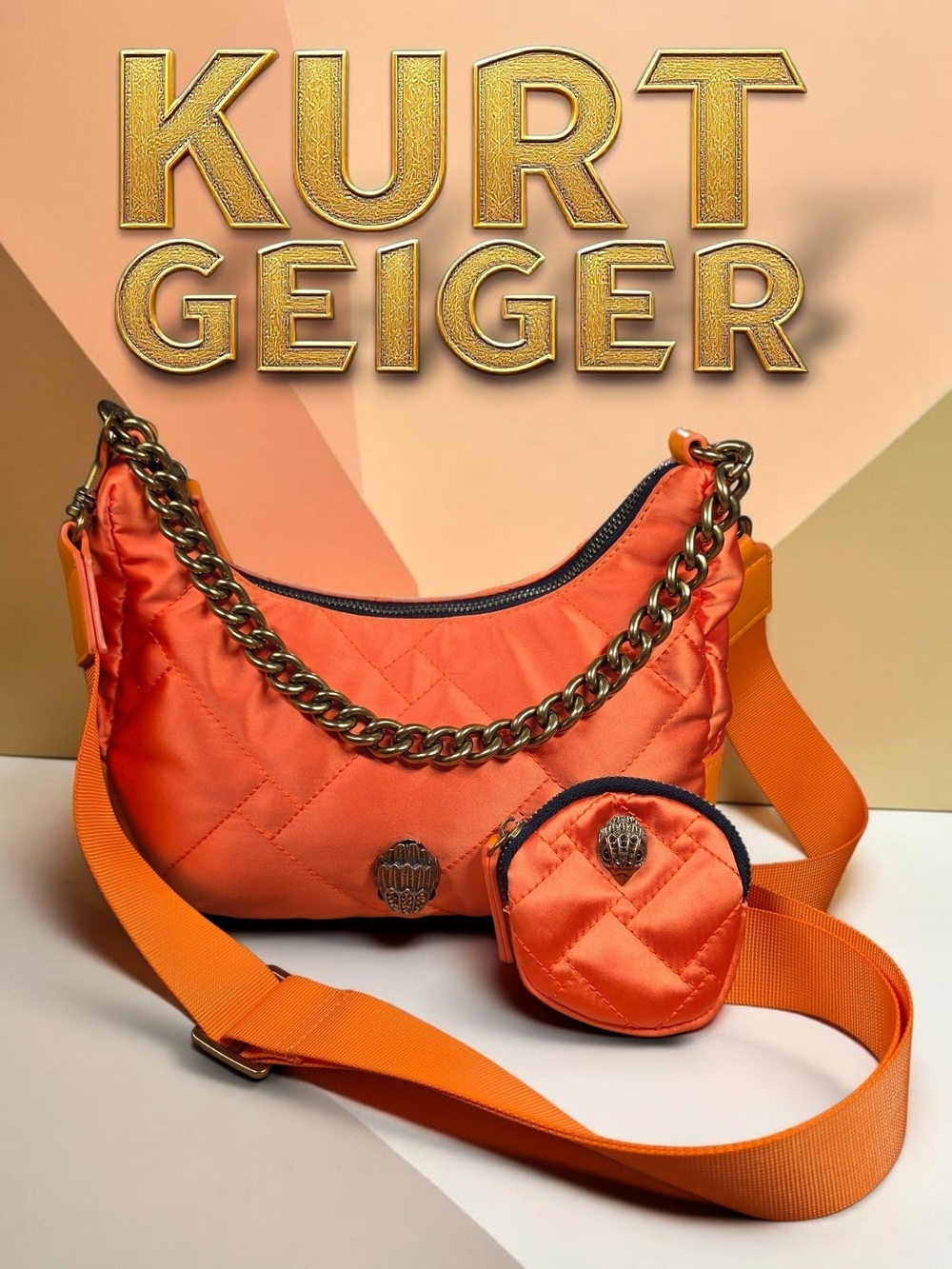 Kurt Geiger London Orange Quilted Nylon Eagle Crossbody w/ Chain & Mini Pouch